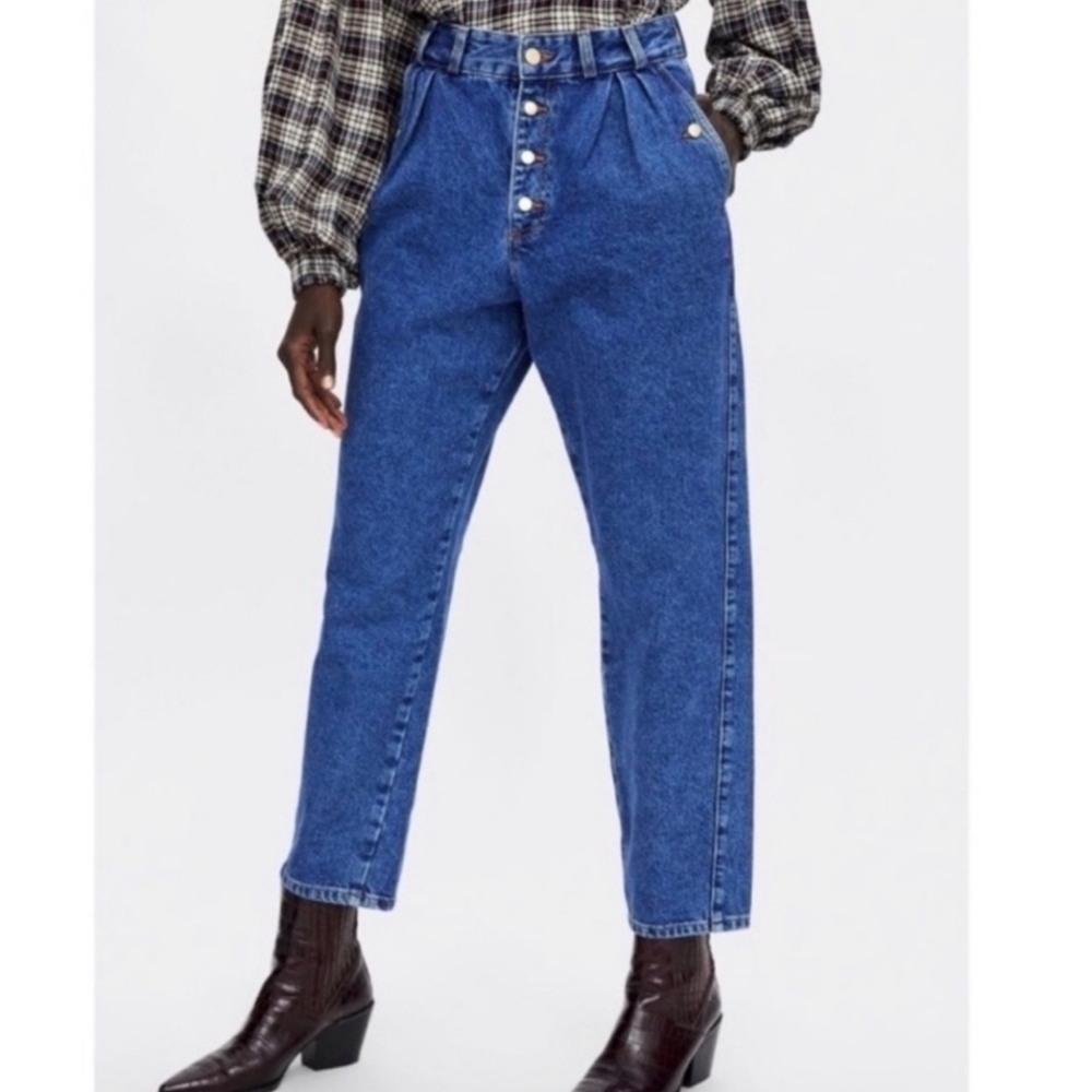 ZARA High Waist Mom Jeans Pleated 80s Style Tapered Leg Cropped Ankle Denim
